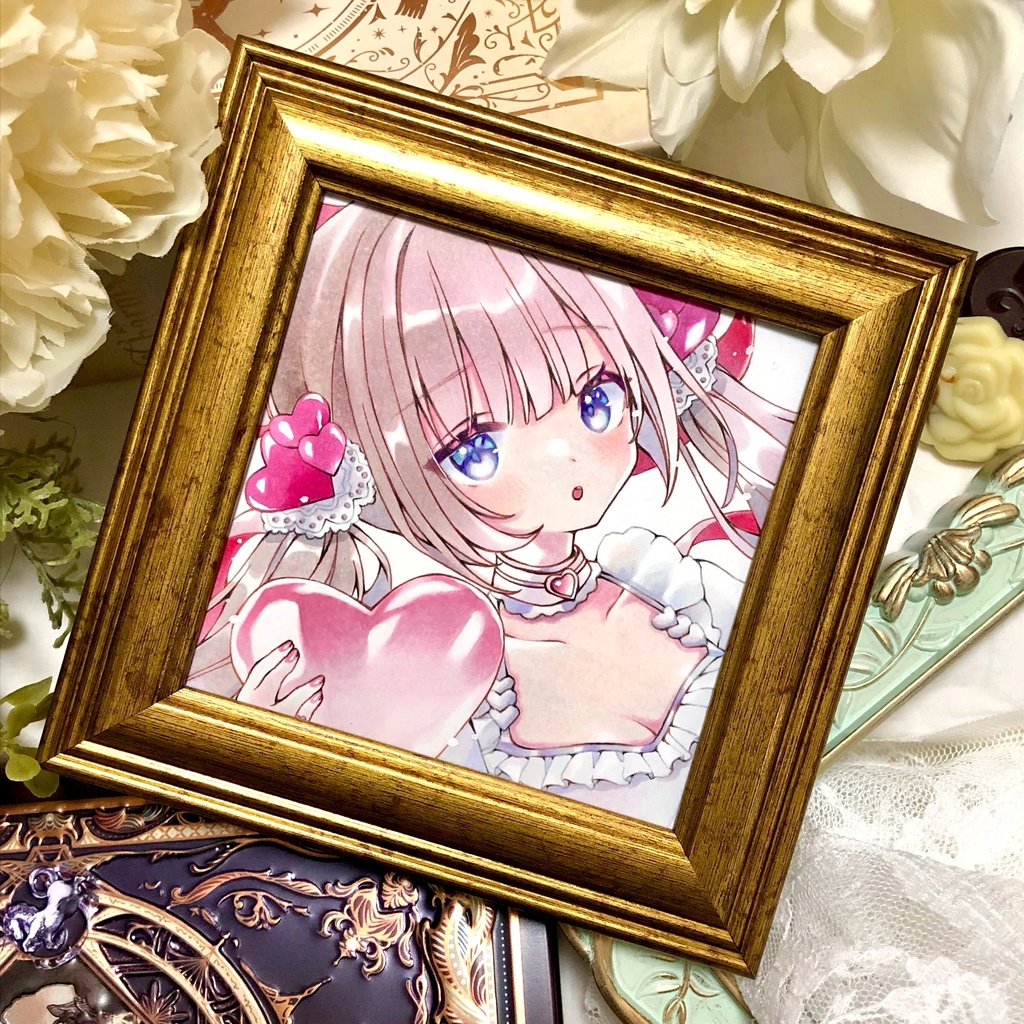 【簡易額装ミニ原画】『Pink Pink Valentine』原画サイズ(90mm×90mm) *コピック創作*オリジナル*アナログ絵