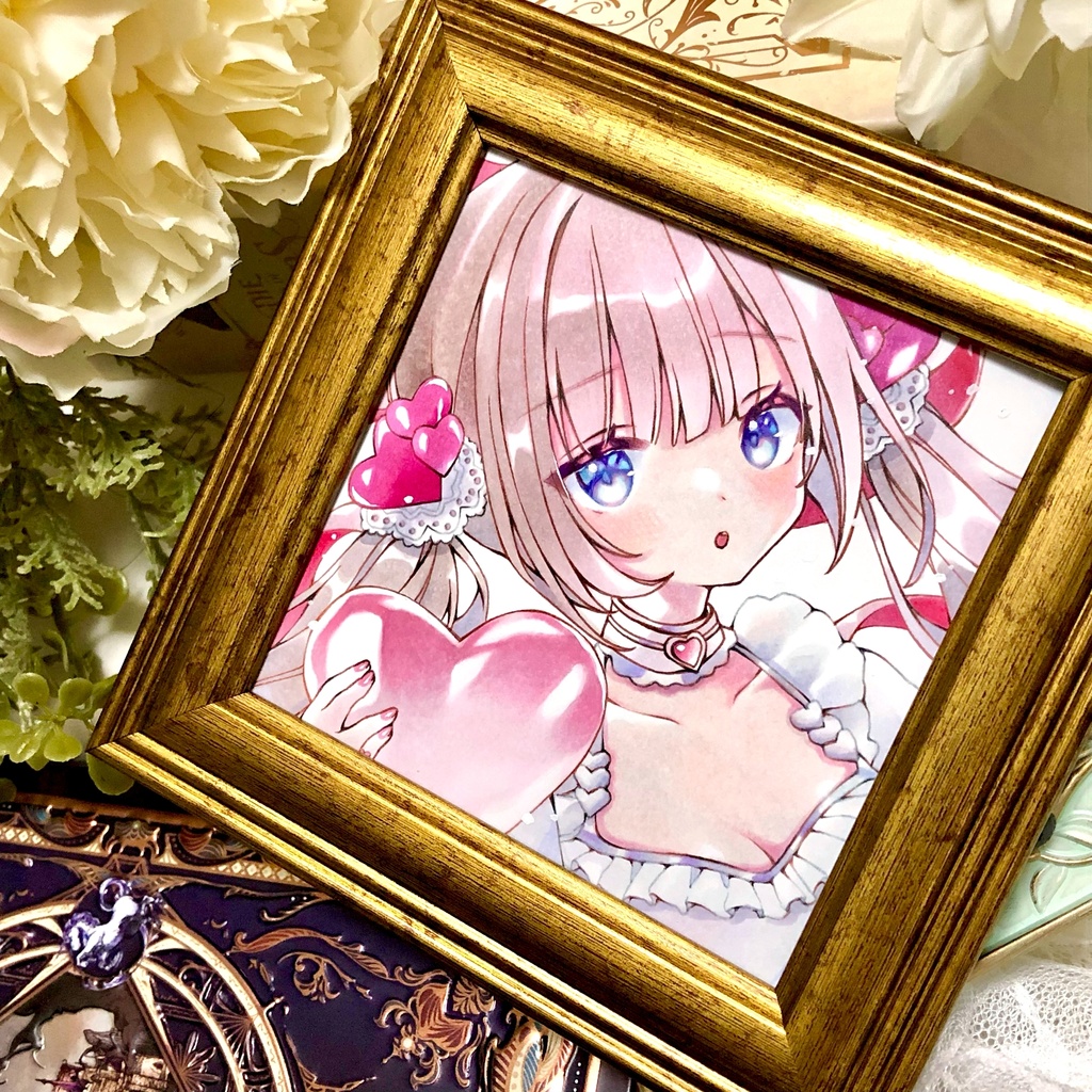 【簡易額装ミニ原画】『Pink Pink  Valentine』原画サイズ(90mm×90mm) *コピック創作*オリジナル*アナログ絵