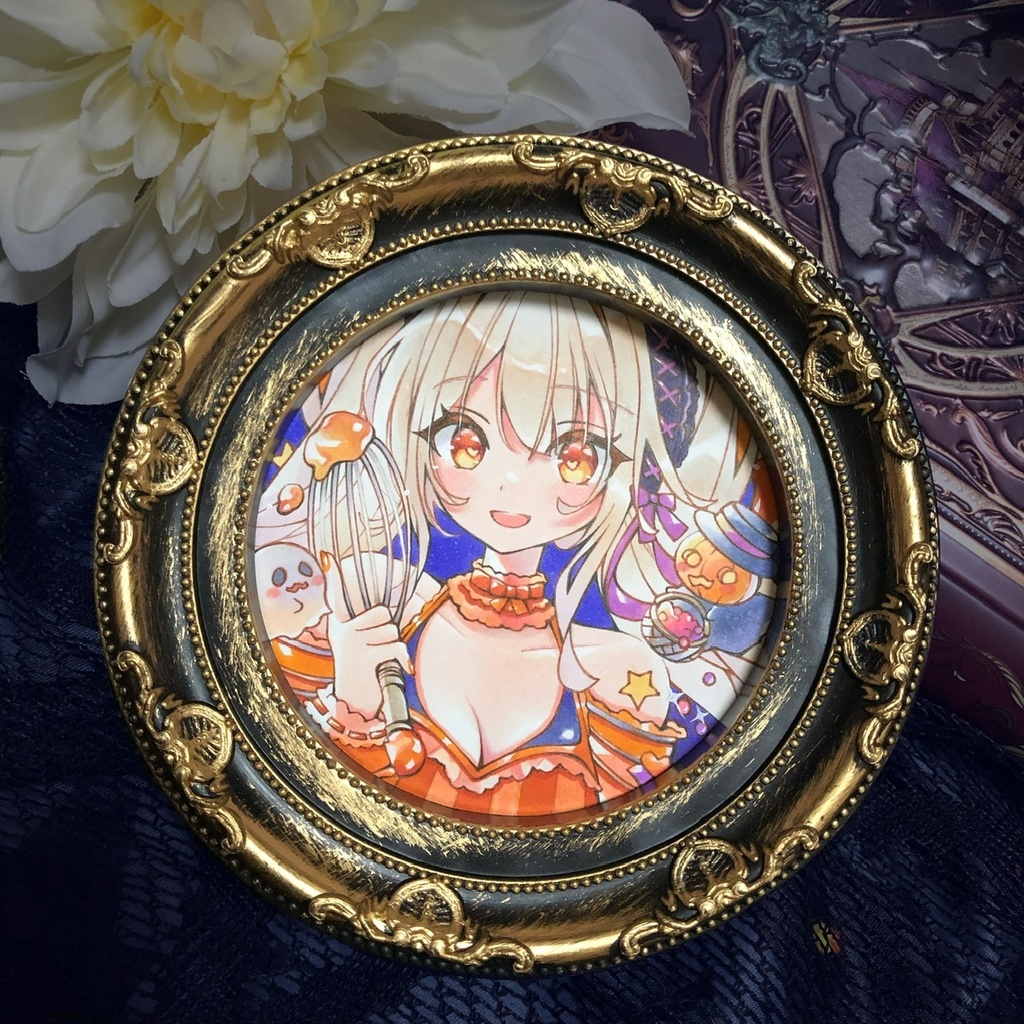 【簡易額装ミニ原画】『Sweet Halloween』原画サイズ(額サイズ直径125mm) ＊コピック創作＊オリジナル＊アナログ絵