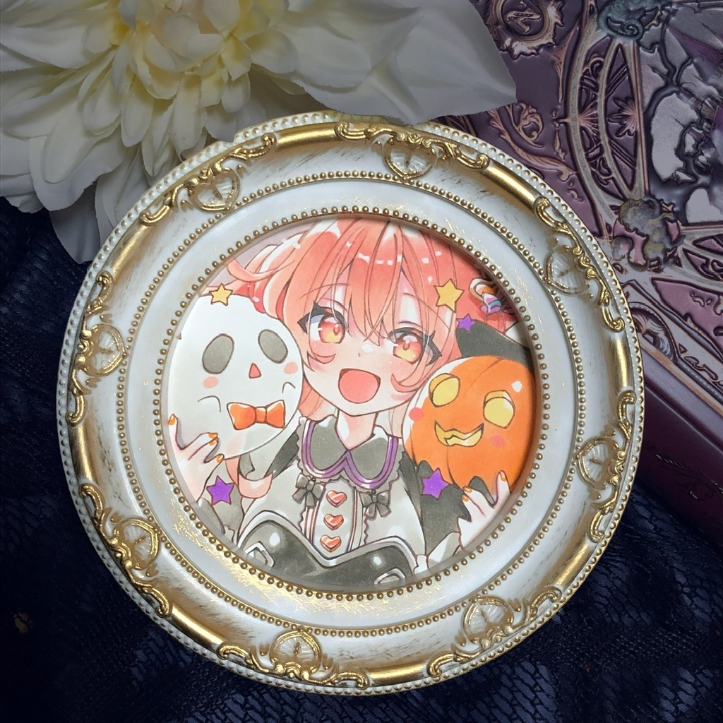 【簡易額装ミニ原画】『おでかけハロウィン♪』原画サイズ(額サイズ直径125mm) ＊コピック創作＊オリジナル＊アナログ絵