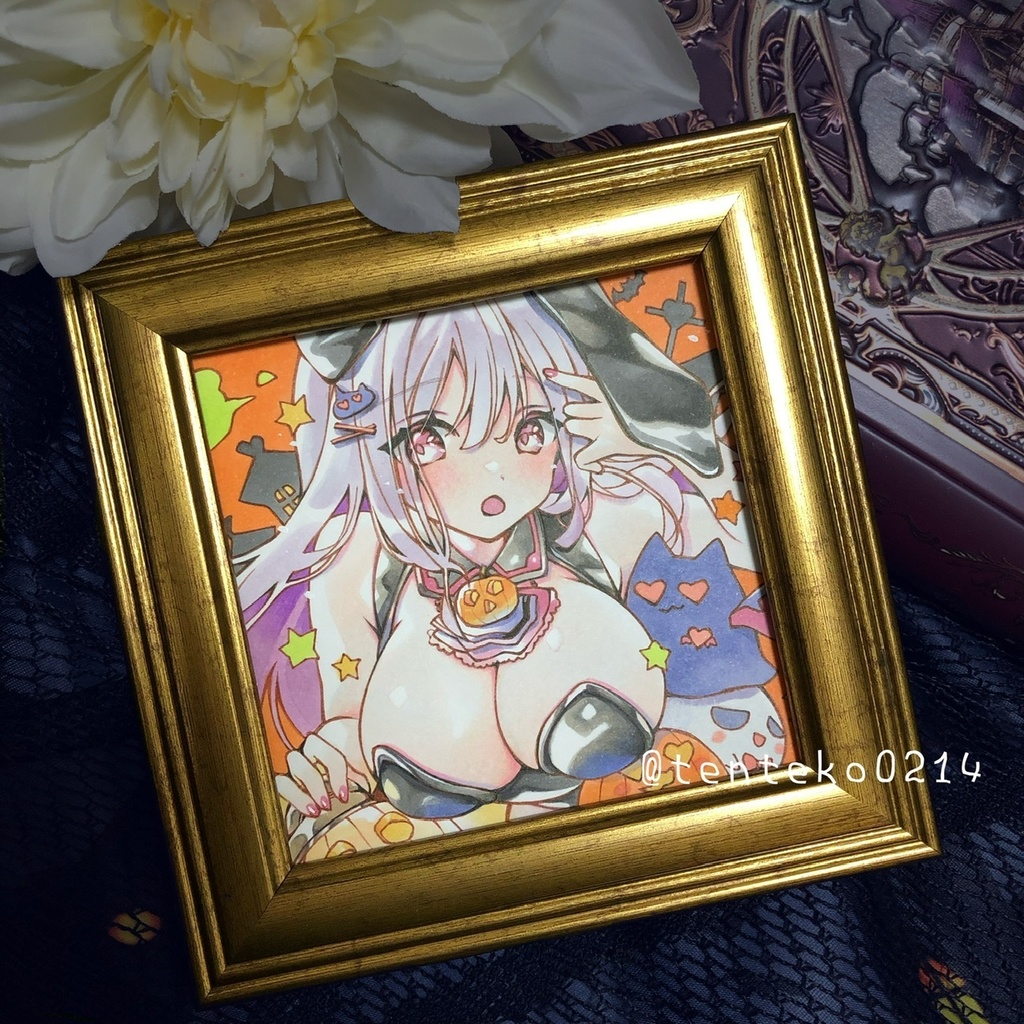 【簡易額装ミニ原画】『Make upハロウィン♪』原画サイズ(90mm×90mm) ＊コピック創作＊オリジナル＊アナログ絵