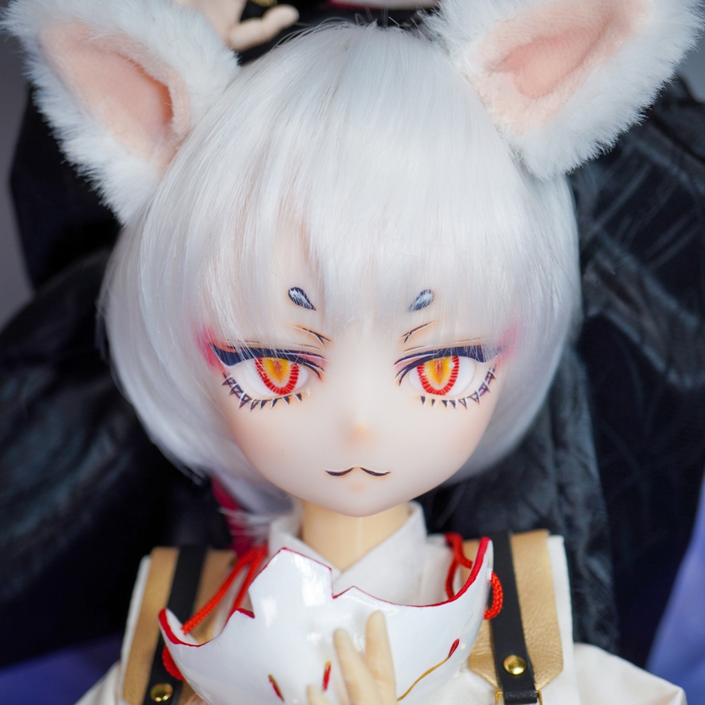 カスタムヘッド　『DDH-28』　SW肌　レジン盛り＋レジンアイ2種＋狐半面＋ケモ耳パーツ