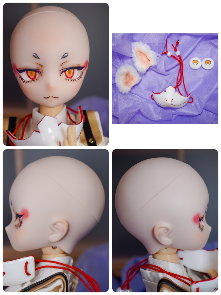 カスタムヘッド 『DDH-28』 SW肌 レジン盛り+レジンアイ2種+狐半面+ケモ耳パーツ