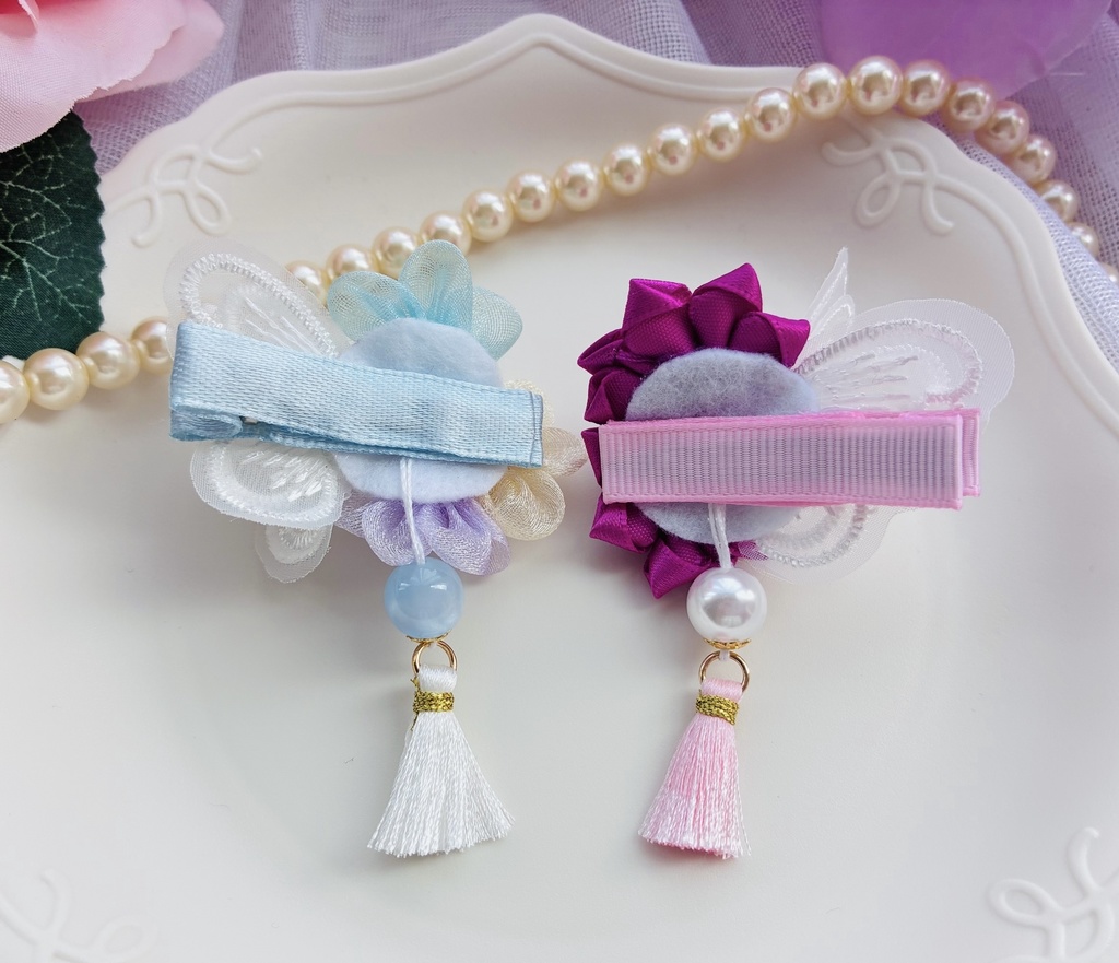 ピンクとレースのお花クリップ(2個セット)