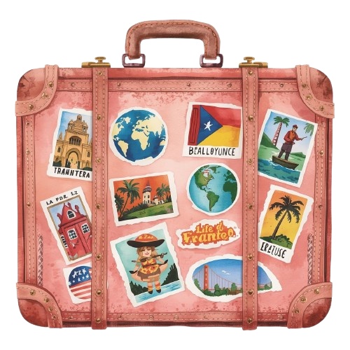 水彩画風 ピンク×アンティーク旅行シリーズ クリップアート素材(全10種)