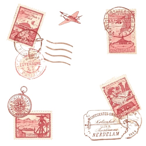 水彩画風 ピンク×アンティーク旅行シリーズ クリップアート素材(全10種)