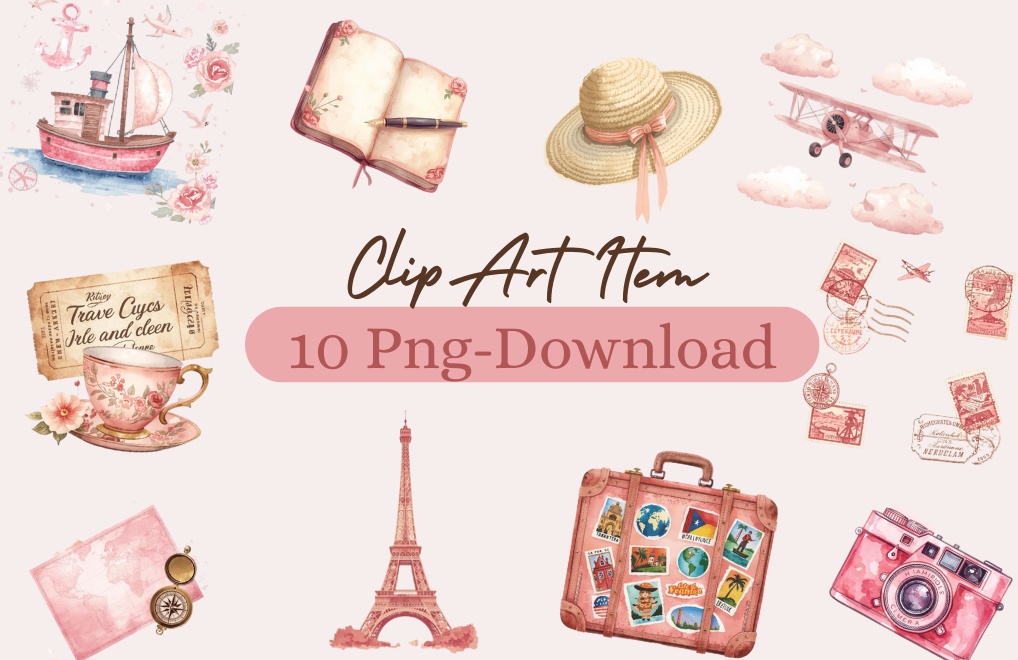 水彩画風 ピンク×アンティーク旅行シリーズ クリップアート素材(全10種)