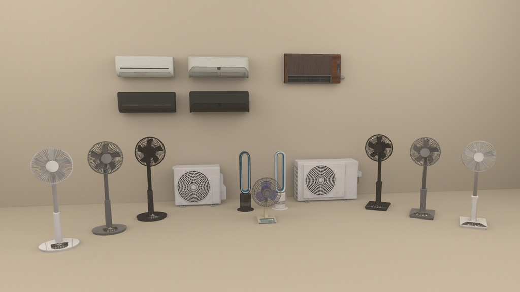 【3DModel】エアコン、扇風機プロップ【19種類(色、動き差分あり)】