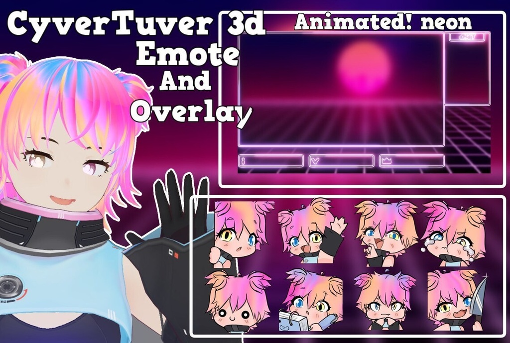 CyverPunk Avatar 3d PACK 8 Emote + Animated Overlay rgb, any color Vtuber Commission Custom famale
