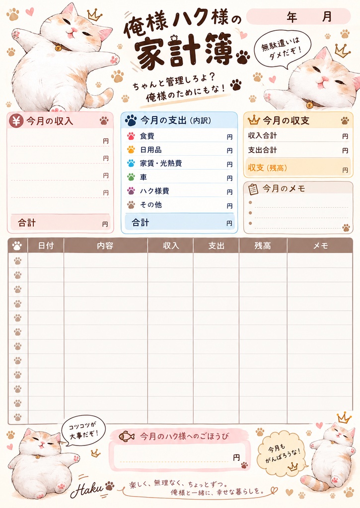 俺様ハク様の月別家計簿｜くつろぎハク様・A4印刷用