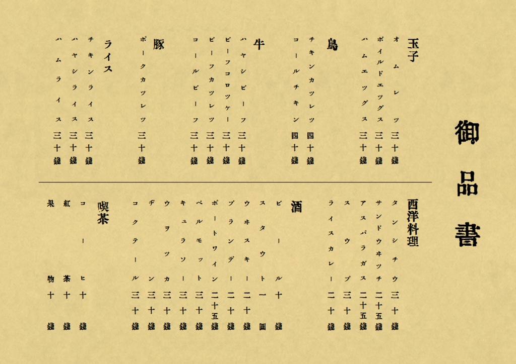 【TRPG】大正末~昭和初期のカフェーのメニュー【素材】