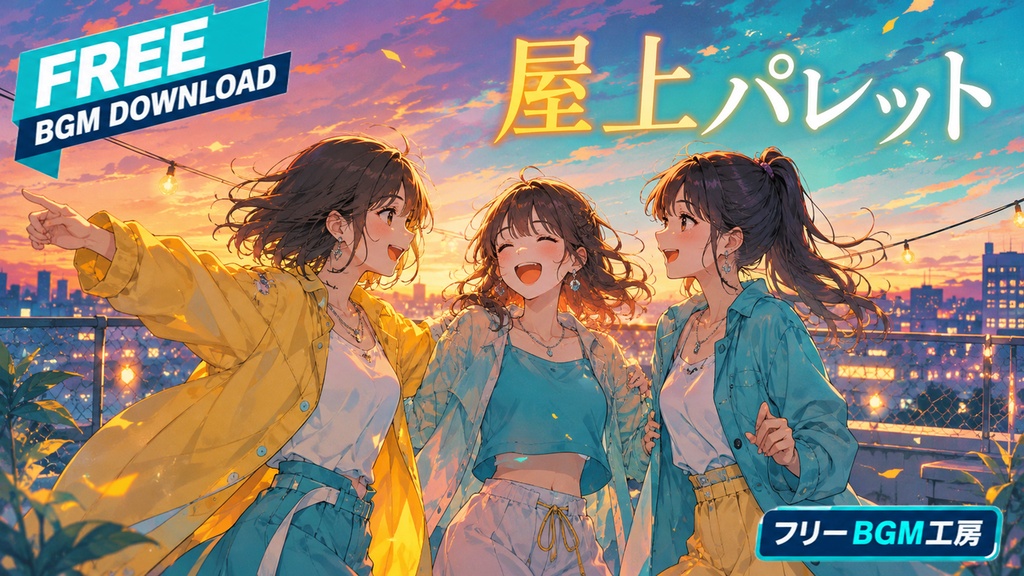 屋上パレット｜夕暮れの屋上で、違う道を歩いた三人が同じ笑い声へ戻る再会曲。【フリーBGM / 歌あり】