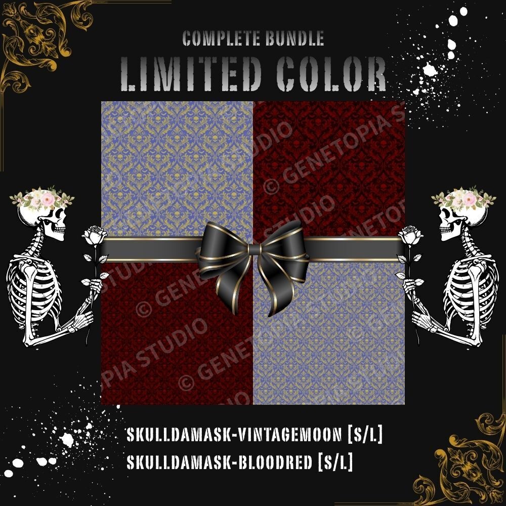【商用OK】スカル・ダマスク柄 10色 - デジタルペーパー(L / S / コンプリート版・限定色おまけ付)ゴシック・ヴィンテージ背景素材