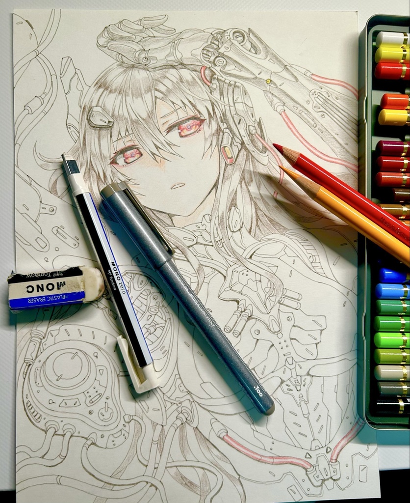 【オークション中・1点限定】メカ少女 直筆イラスト『充電中』