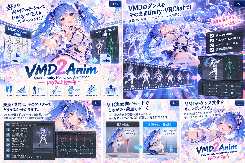 VMD2Anim MMDモーション(.vmd)をUnity Humanoidの.animへ変換・診断 VRChat対応