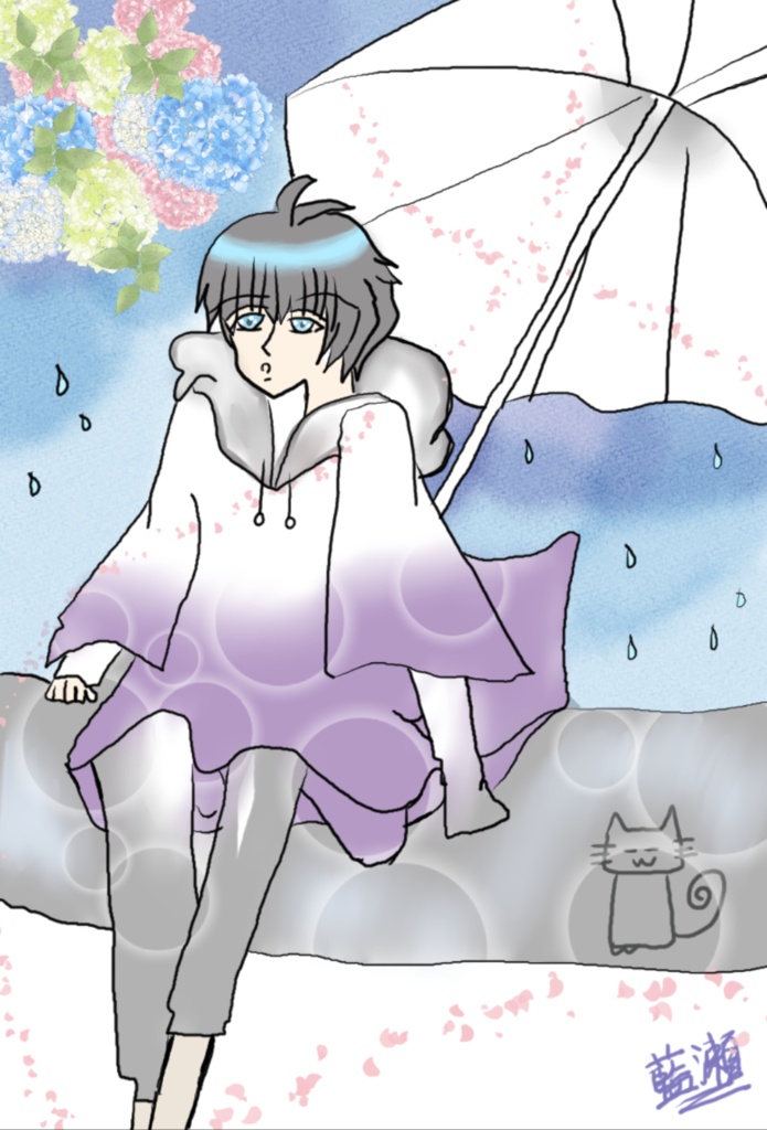 紫陽花雨と白い傘オリジナルイラストポストカード