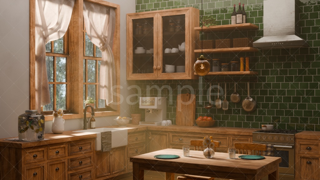ウッド×グリーン|カントリー調キッチン【昼夜静止画セット】