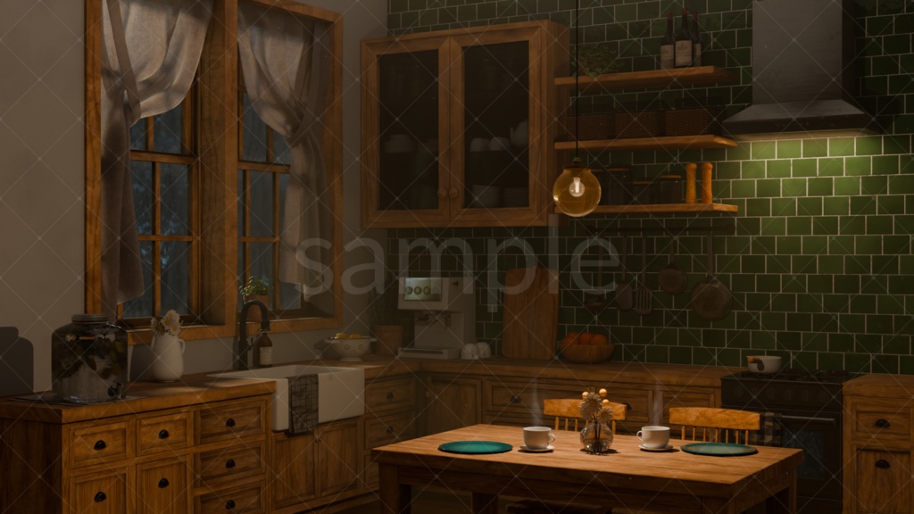 ウッド×グリーン|カントリー調キッチン【昼夜静止画セット】