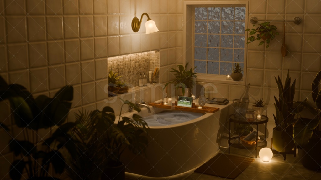 バスルーム|柔らかな光と植物に囲まれたバスタイム【昼夜静止画セット】