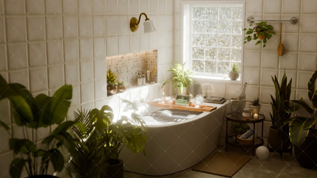 バスルーム|柔らかな光と植物に囲まれたバスタイム【昼夜静止画セット】