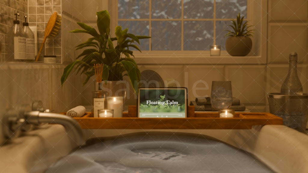 バスルーム|柔らかな光と植物に囲まれたバスタイム【昼夜静止画セット】