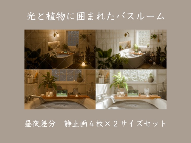 バスルーム|柔らかな光と植物に囲まれたバスタイム【昼夜静止画セット】