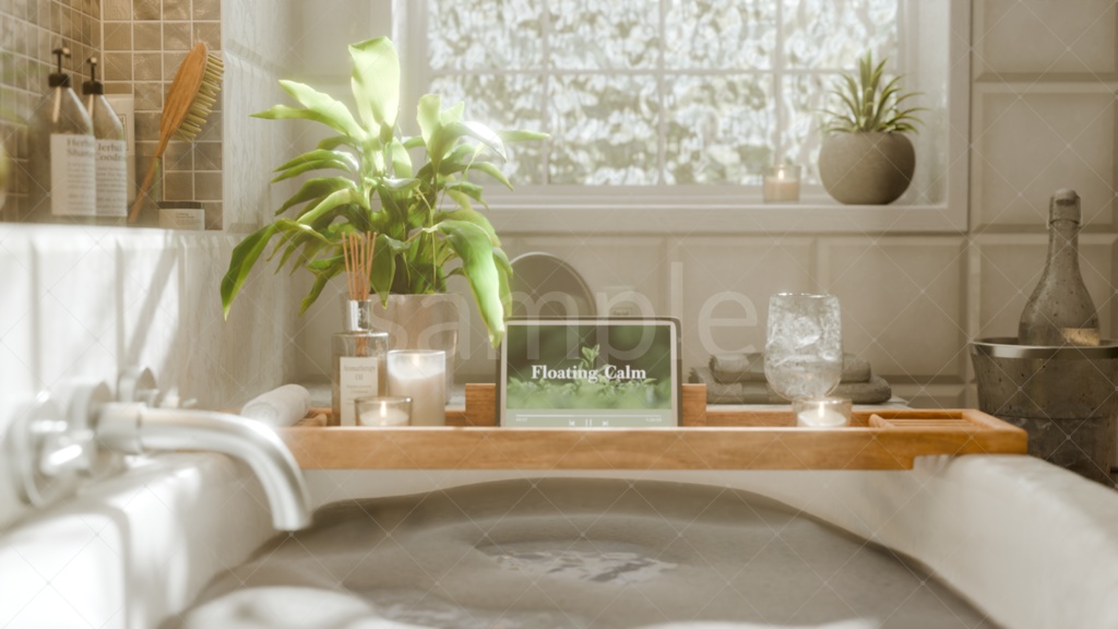 バスルーム|柔らかな光と植物に囲まれたバスタイム【昼夜静止画セット】