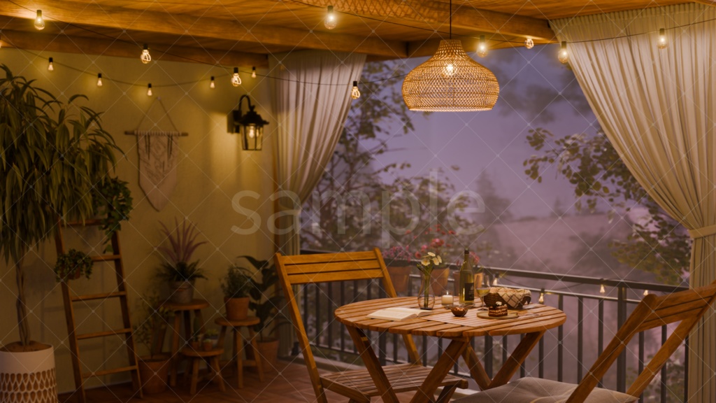 【4枚セット】ベランダのある暮らし|朝・夕(橙/紫)・夜の差分背景