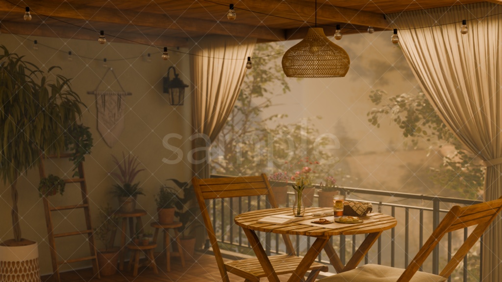 【4枚セット】ベランダのある暮らし|朝・夕(橙/紫)・夜の差分背景