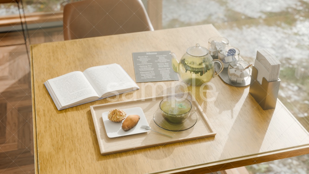 木漏れ日が差し込むティーハウス|外観+内観差分セット(3D背景素材)