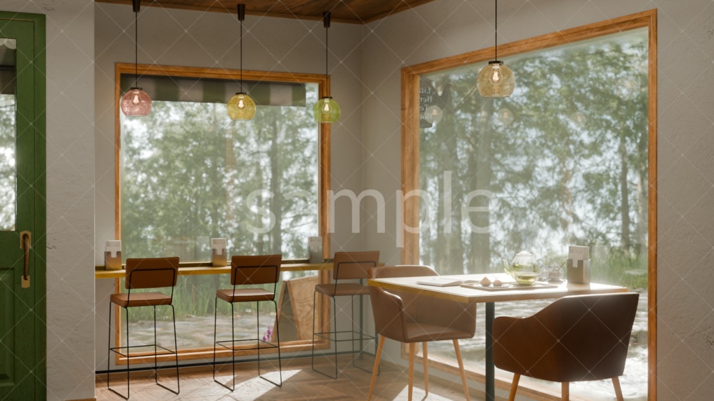 木漏れ日が差し込むティーハウス|外観+内観差分セット(3D背景素材)