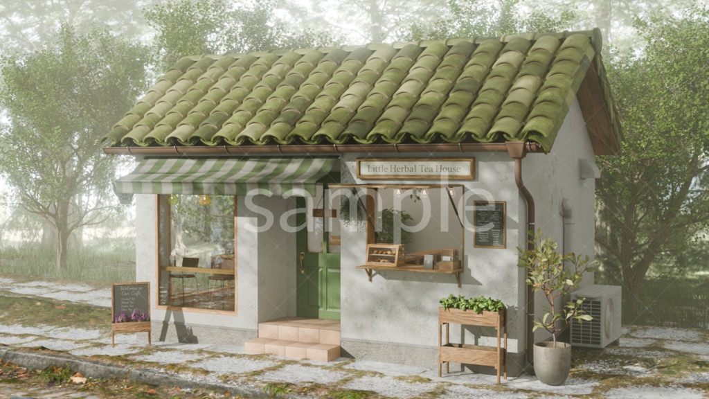 木漏れ日が差し込むティーハウス|外観+内観差分セット(3D背景素材)