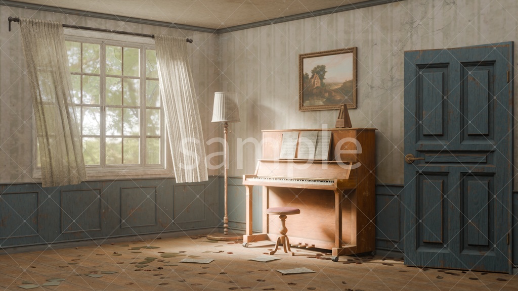3D背景素材|遺されたピアノの部屋(ループ動画+静止画2サイズ)
