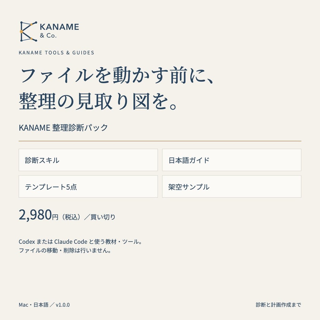 KANAME 整理診断パック｜Mac・Codex / Claude Code｜診断と計画作成