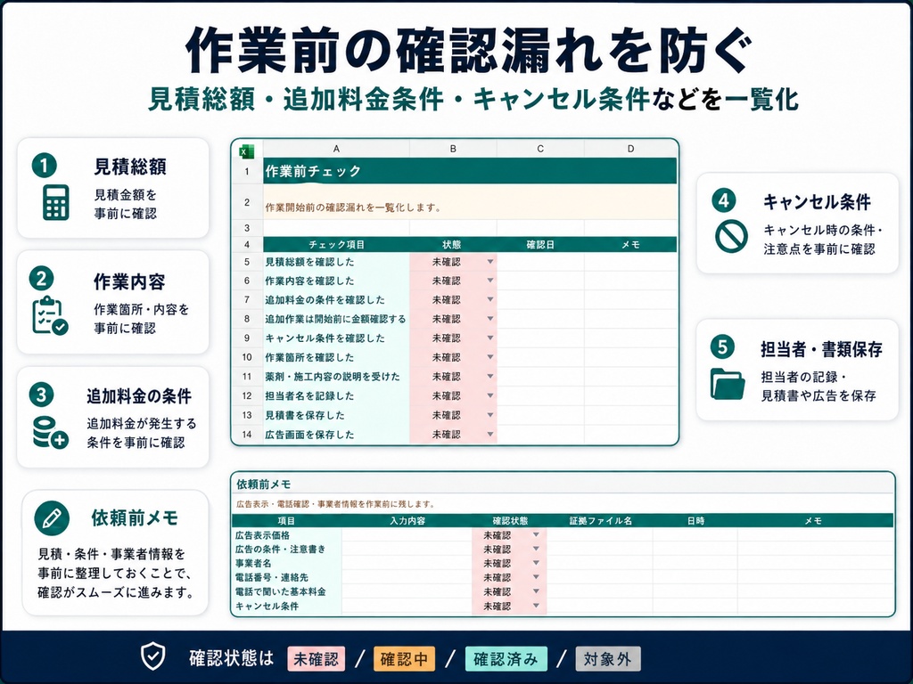 害虫駆除 見積・作業前チェックPro|広告価格・現地見積・追加料金・証拠記録