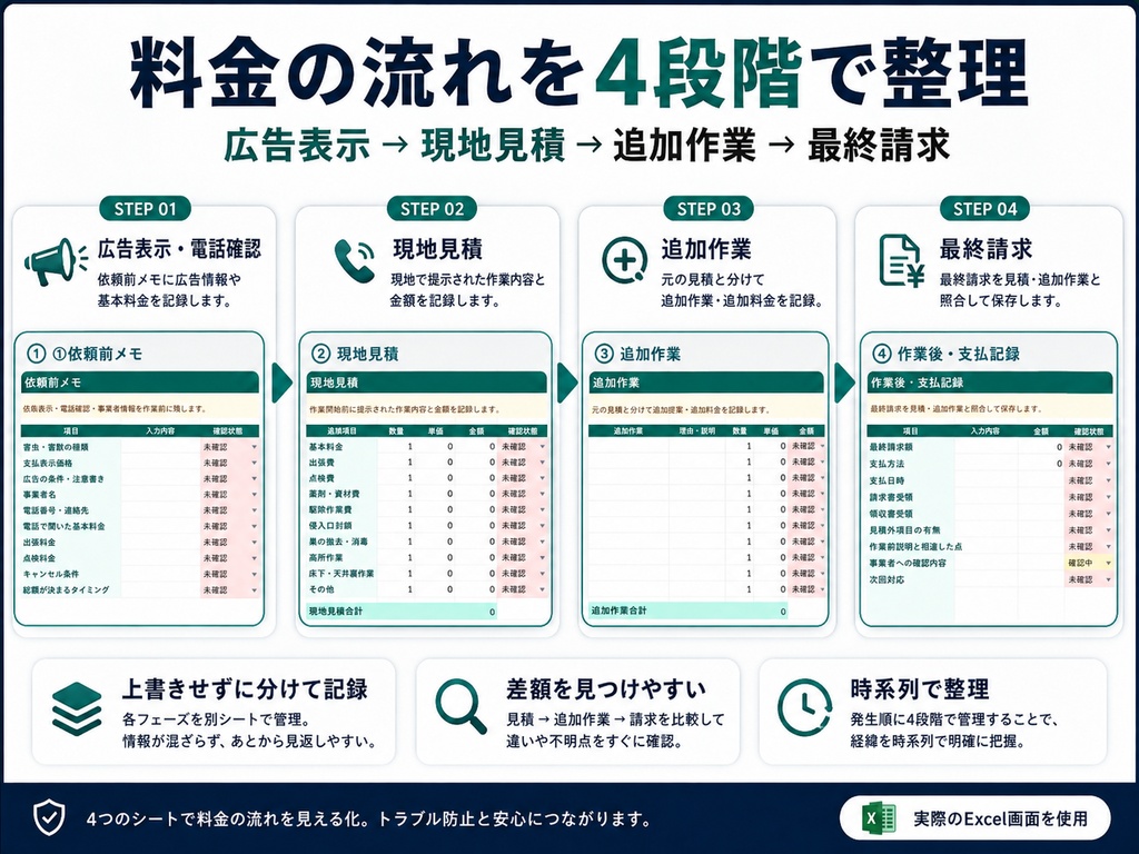 害虫駆除 見積・作業前チェックPro|広告価格・現地見積・追加料金・証拠記録