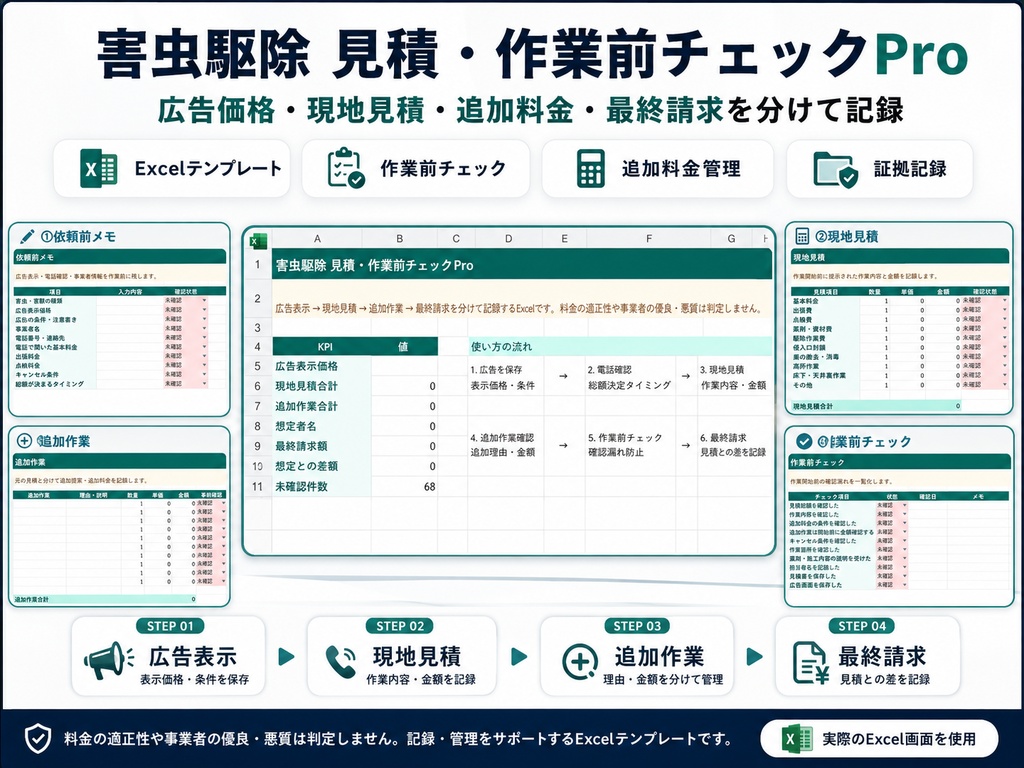 害虫駆除 見積・作業前チェックPro｜広告価格・現地見積・追加料金・証拠記録