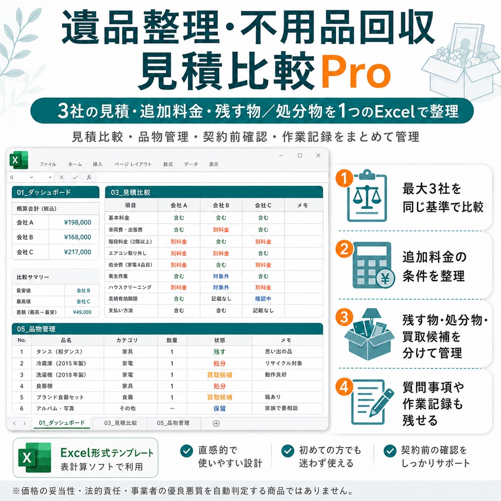 遺品整理・不用品回収見積比較Pro|3社比較・残す物・買取・追加料金チェック