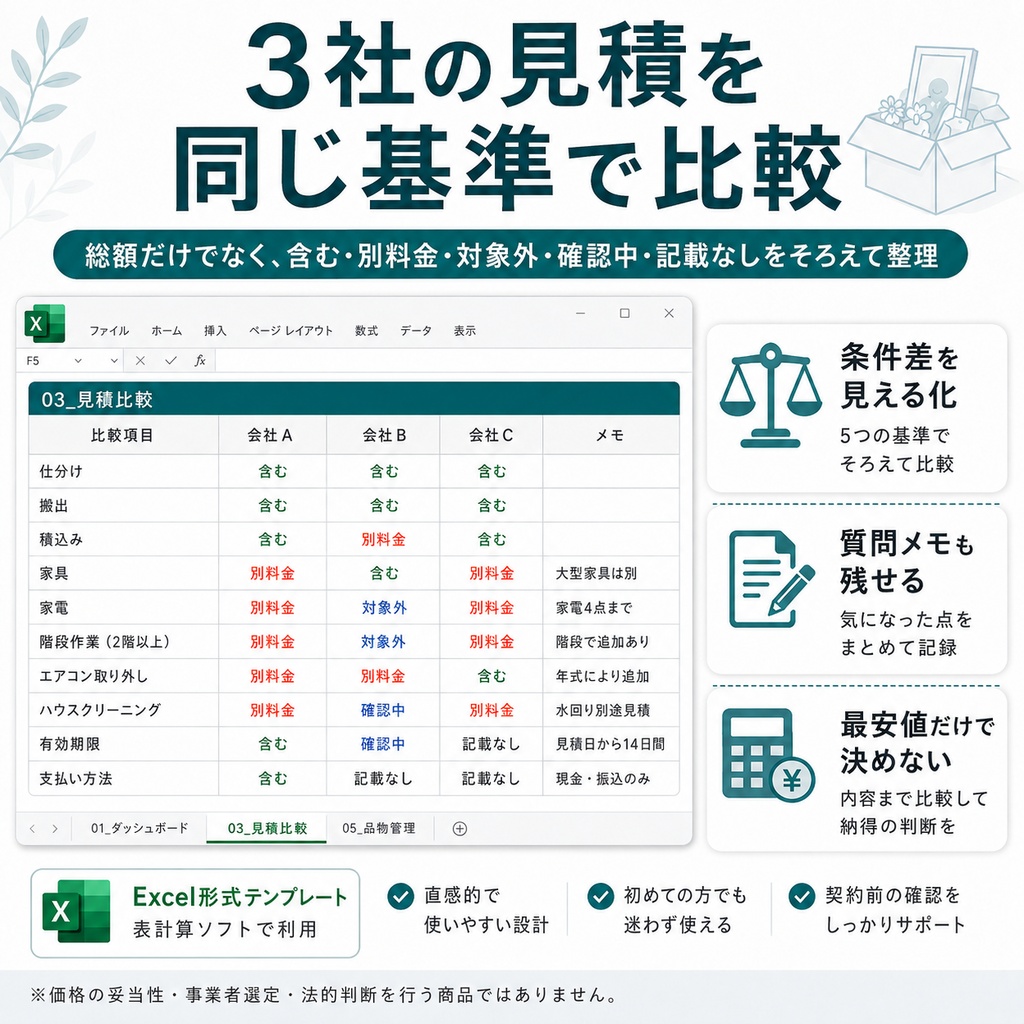 遺品整理・不用品回収見積比較Pro|3社比較・残す物・買取・追加料金チェック