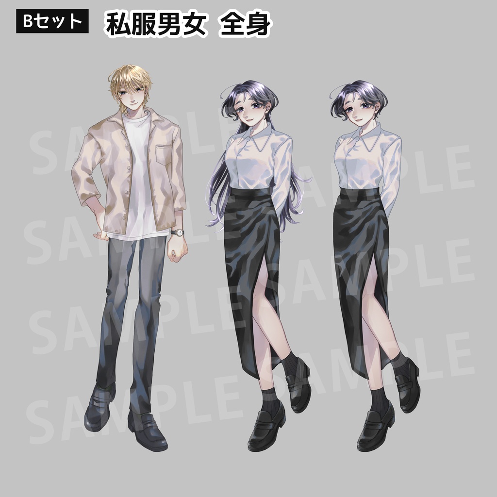 立ち絵_制服_私服_男性_女性_全身【表情差分8種】