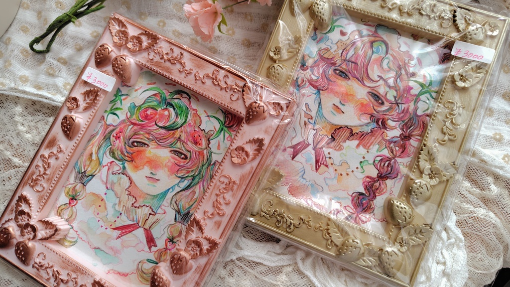 ○透明水彩原画(額あり)○ショートケーキとチョコショート