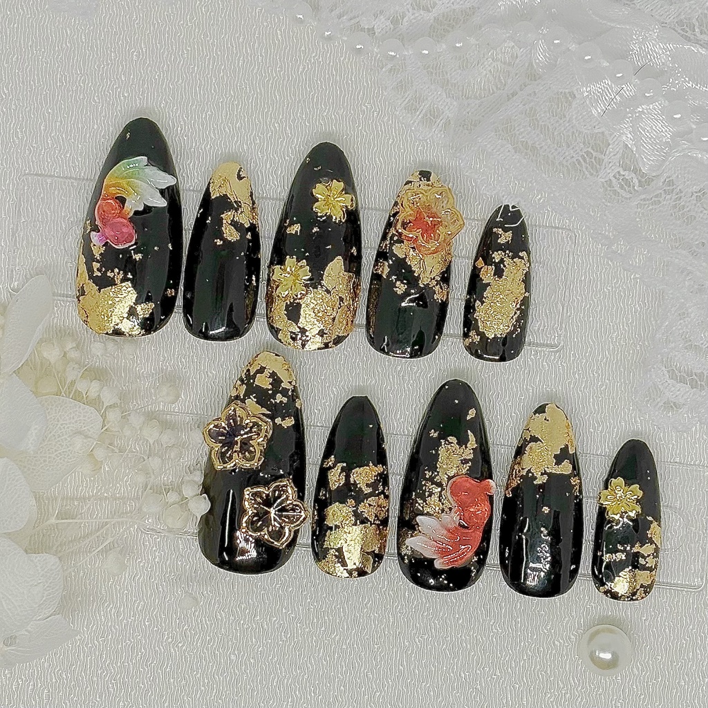 【No.34】ネイルチップオーダー 和風金魚金箔ネイルチップ