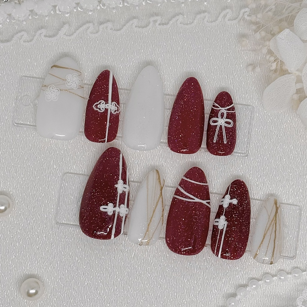 【No.36】ネイルチップオーダー チャイナ赤フラッシュラメネイルチップ