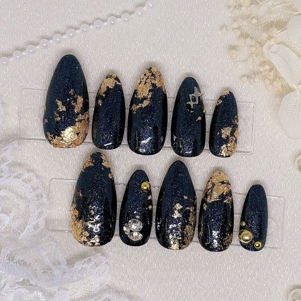 【No.38】ネイルチップオーダー ブルーマグネット金箔ネイルチップ