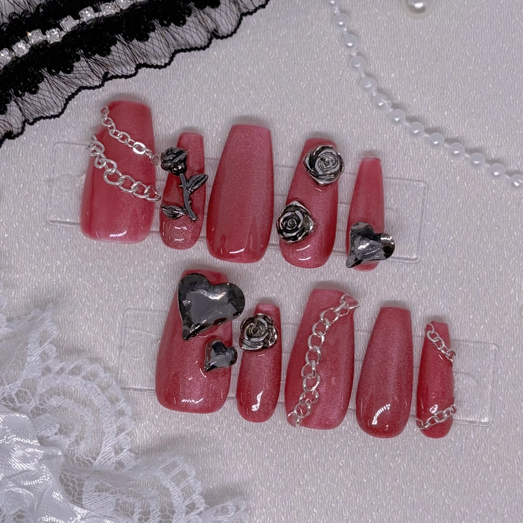 【No.42】ネイルチップオーダー 地雷系 ピンク粒子マグネットネイルチップ