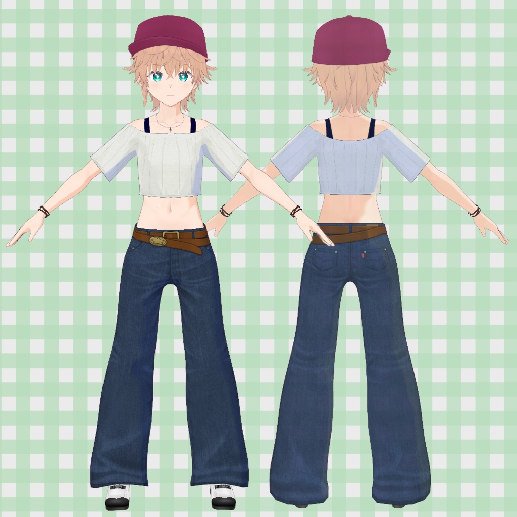クロップドトップス&ワイドデニムコーデ / Cropped Top & Wide-Leg Jeans Outfit【VRoid】