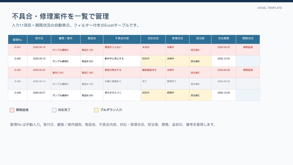 製造業向け|不具合・修理・アフター対応 管理Excel