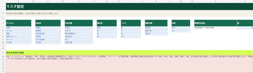 スクールCSスターターキット|問い合わせ分類・FAQ・返信テンプレ・対応履歴