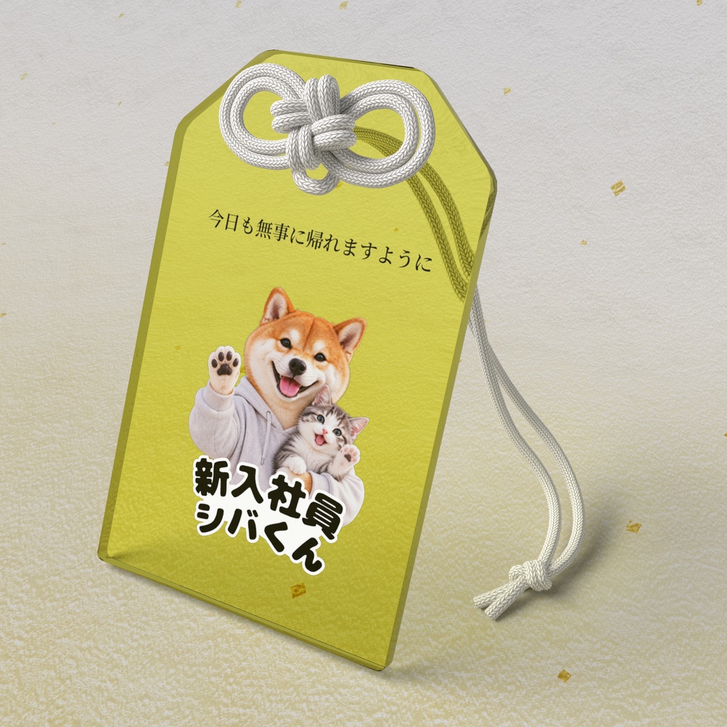 新入社員シバくん＆ツキミ アクリルお守り｜しあわせ・イエロー