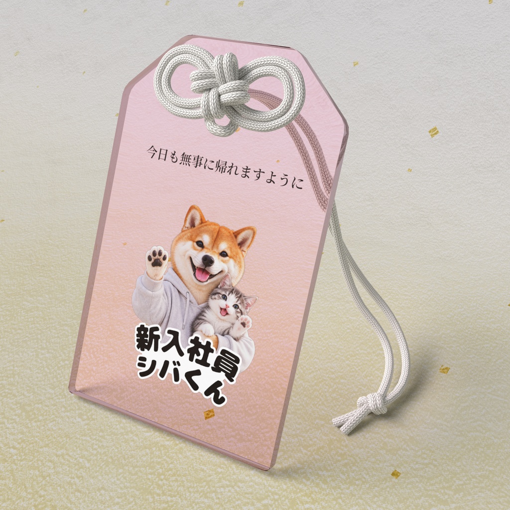 新入社員シバくん＆ツキミ アクリルお守り｜しあわせ・ピンク